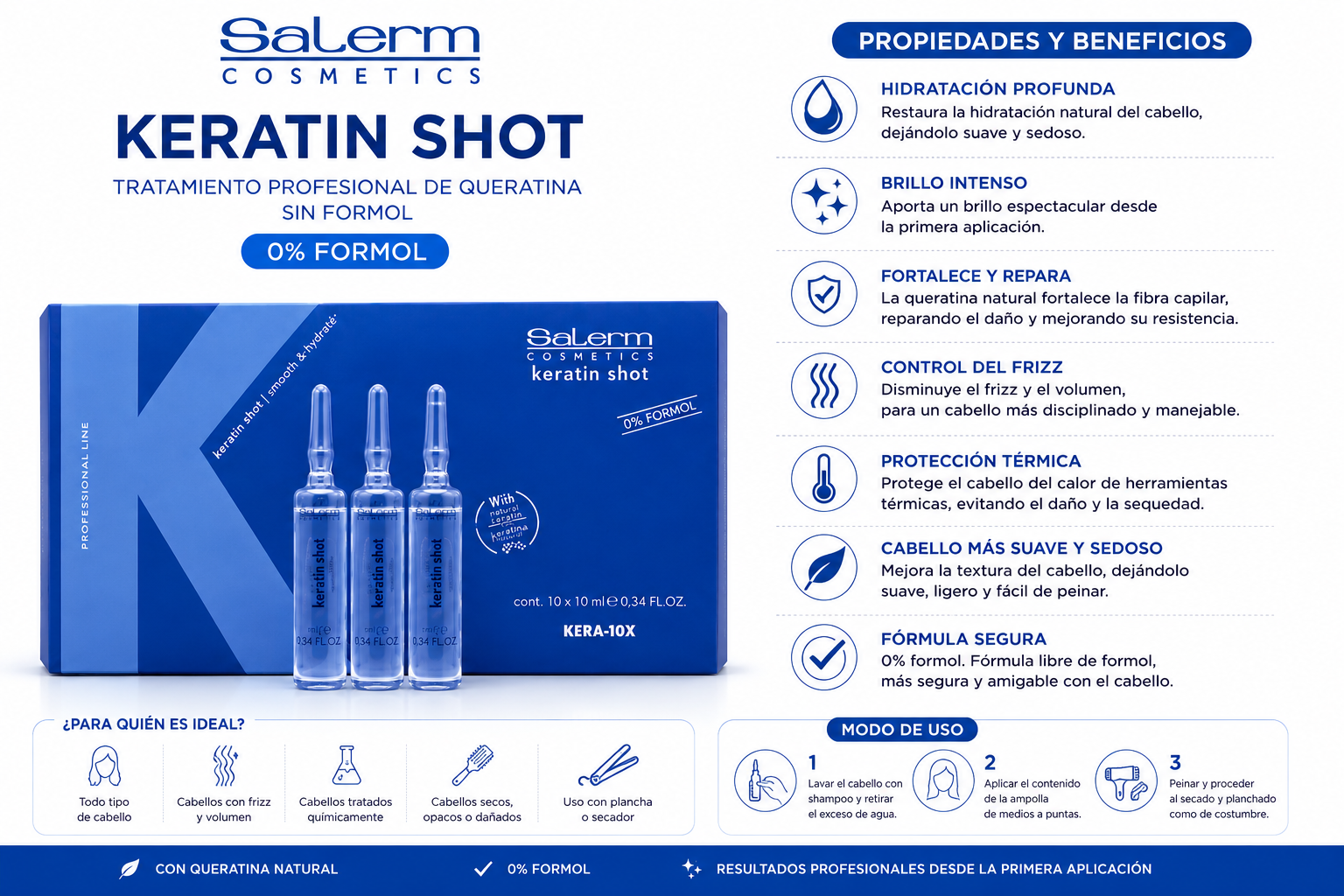 Salerm Keratin Shot Kera-10X – Tratamiento Intensivo con Queratina | Caja con 12 Ampollas de 10 ml (120 ml)